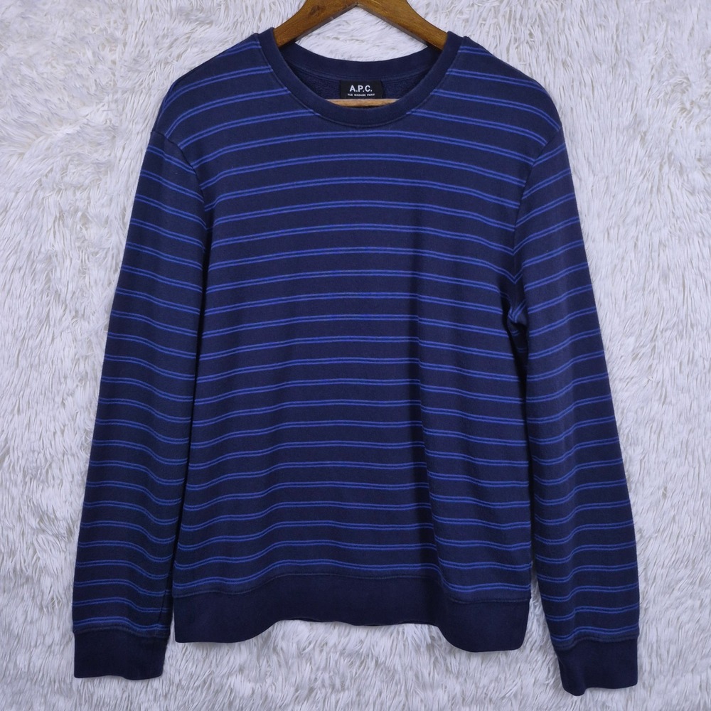 APC Rue Madame Paris Mens Striped Sweatshirt Navy Blue Size L Cotton Terry